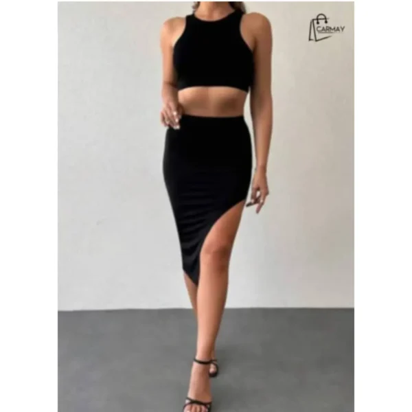 Cto Negro Camiseta Y Falda Larga Abiert