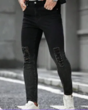 PANTALON DE MEZCLILLA NEGRO AJUSTADO DEGASTADO